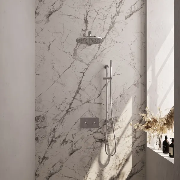 BRAUER Edition thermostatische inbouw regendouche met drukknoppen SET 62 met 30 cm douchekop en rechte muurarm en staaf handdouche en doucheslang en geïntegreerde glijstang