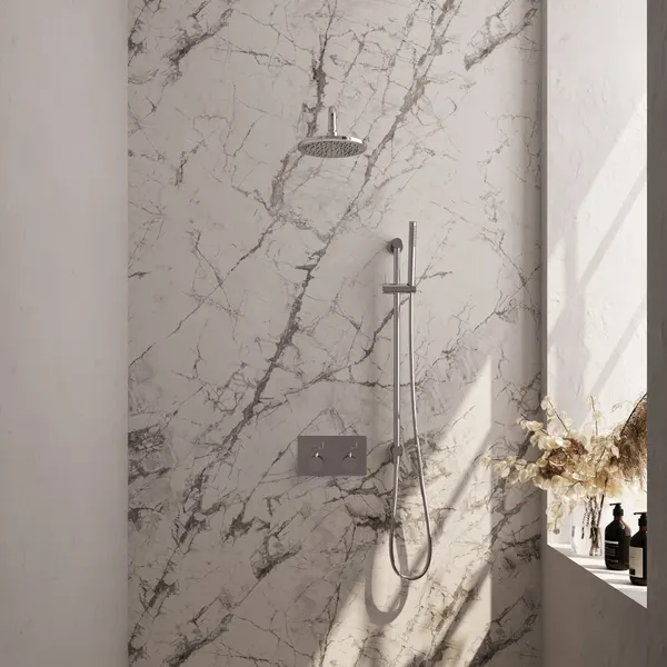 BRAUER Edition thermostatische inbouw regendouche met drukknoppen SET 63 met 20 cm douchekop en gebogen muurarm en staaf handdouche en doucheslang en geïntegreerde glijstang