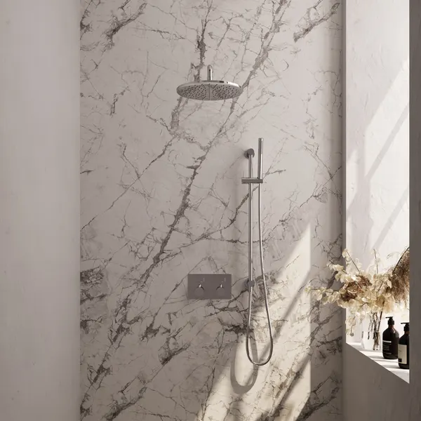 BRAUER Edition thermostatische inbouw regendouche met drukknoppen SET 64 met 30 cm douchekop en gebogen muurarm en staaf handdouche en doucheslang en geïntegreerde glijstang