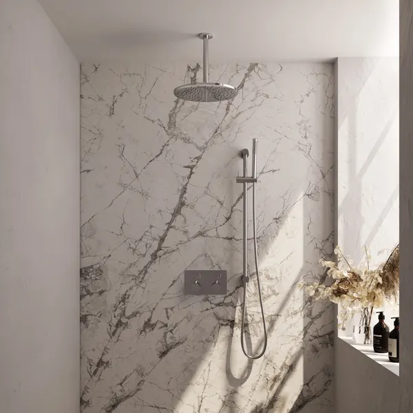 BRAUER Edition thermostatische inbouw regendouche met drukknoppen SET 66 met 30 cm douchekop en plafondarm en staaf handdouche en doucheslang en geïntegreerde glijstang