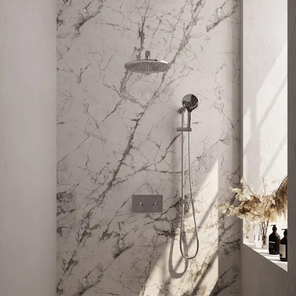 BRAUER Edition thermostatische inbouw regendouche met drukknoppen SET 68 met 30 cm douchekop en rechte muurarm en 3-standen handdouche en doucheslang en geïntegreerde glijstang