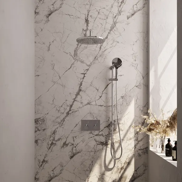 BRAUER Edition thermostatische inbouw regendouche met drukknoppen SET 70 met 30 cm douchekop en gebogen muurarm en 3-standen handdouche en doucheslang en geïntegreerde glijstang
