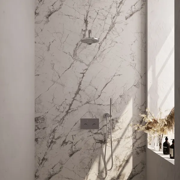 BRAUER Carving thermostatische inbouw regendouche met drukknoppen SET 49 met 20 cm douchekop en rechte muurarm en staaf handdouche en doucheslang en wandaansluitbocht