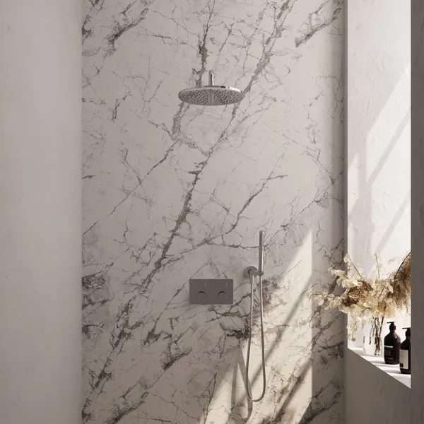 BRAUER Carving thermostatische inbouw regendouche met drukknoppen SET 52 met 30 cm douchekop en gebogen muurarm en staaf handdouche en doucheslang en wandaansluitbocht