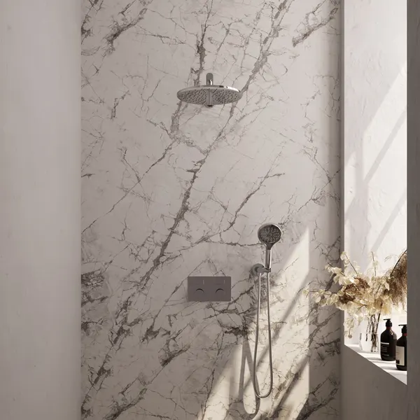 BRAUER Carving thermostatische inbouw regendouche met drukknoppen SET 56 met 30 cm douchekop en rechte muurarm en 3-standen handdouche en doucheslang en wandaansluitbocht