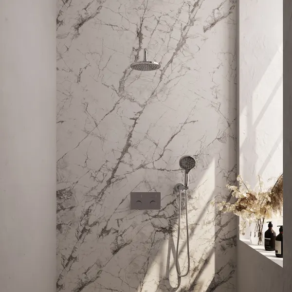 BRAUER Carving thermostatische inbouw regendouche met drukknoppen SET 57 met 20 cm douchekop en gebogen muurarm en 3-standen handdouche en doucheslang en wandaansluitbocht
