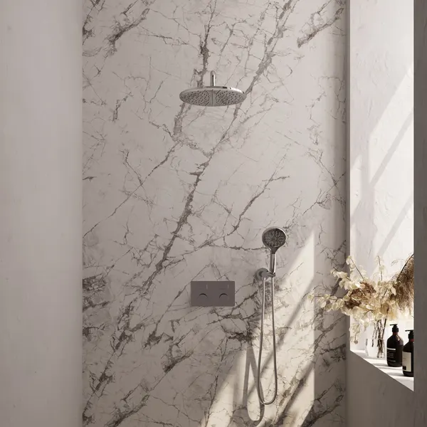 BRAUER Carving thermostatische inbouw regendouche met drukknoppen SET 58 met 30 cm douchekop en gebogen muurarm en 3-standen handdouche en doucheslang en wandaansluitbocht