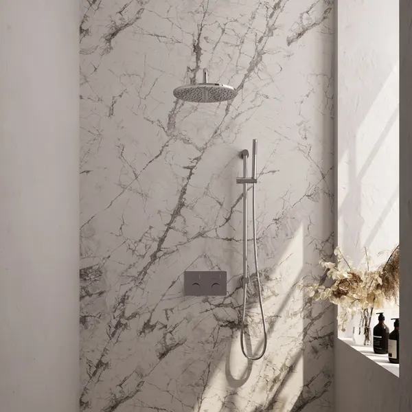 BRAUER Carving thermostatische inbouw regendouche met drukknoppen SET 64 met 30 cm douchekop en gebogen muurarm en staaf handdouche en doucheslang en geïntegreerde glijstang