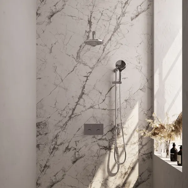 BRAUER Carving thermostatische inbouw regendouche met drukknoppen SET 67 met 20 cm douchekop en rechte muurarm en 3-standen handdouche en doucheslang en geïntegreerde glijstang
