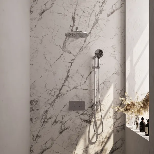 BRAUER Carving thermostatische inbouw regendouche met drukknoppen SET 68 met 30 cm douchekop en rechte muurarm en 3-standen handdouche en doucheslang en geïntegreerde glijstang
