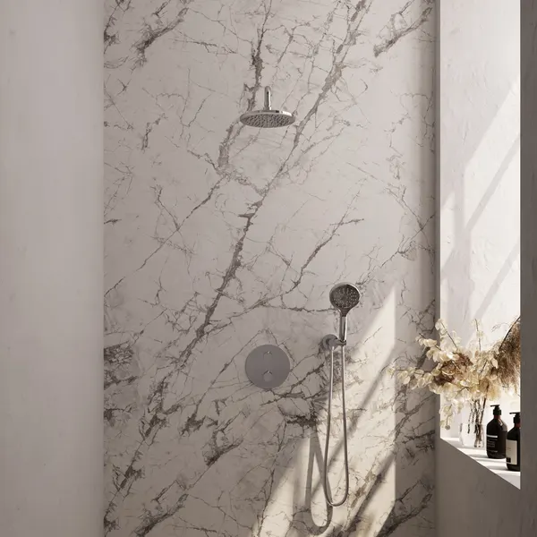 BRAUER Edition thermostatische inbouw regendouche 3-weg rond SET 81 met 20 cm douchekop en gebogen muurarm en 3-standen handdouche en doucheslang en wandaansluitbocht