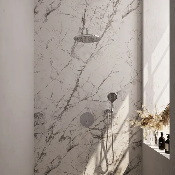BRAUER Edition thermostatische inbouw regendouche 3-weg rond SET 82 met 30 cm douchekop en gebogen muurarm en 3-standen handdouche en doucheslang en wandaansluitbocht