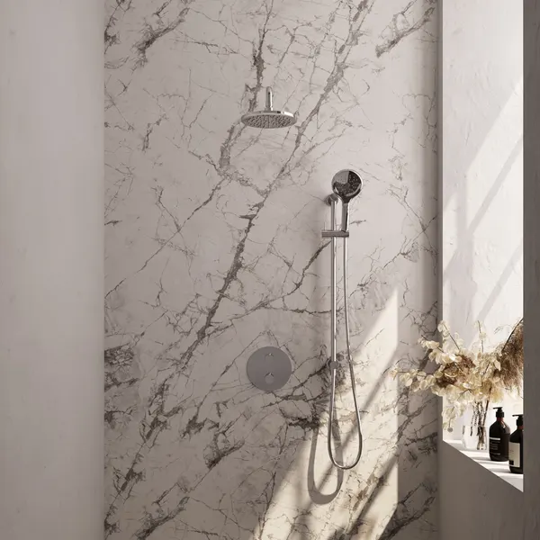 BRAUER Edition thermostatische inbouw regendouche 3-weg rond SET 93 met 20 cm douchekop en gebogen muurarm en 3-standen handdouche en doucheslang en geïntegreerde glijstang