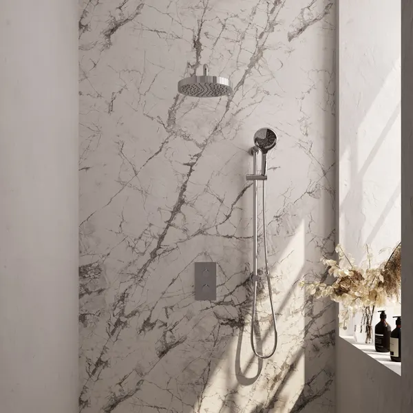 BRAUER Stripe thermostatische inbouw regendouche 3-weg rechthoekig SET 23 met 25 cm douchekop en gebogen muurarm en 3-standen handdouche en doucheslang en geïntegreerde glijstang