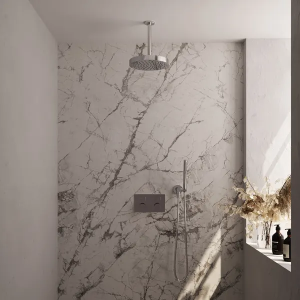 BRAUER Stripe thermostatische inbouw regendouche met drukknoppen SET 27 met 25 cm douchekop en plafondarm en staaf handdouche en doucheslang en wandaansluitbocht