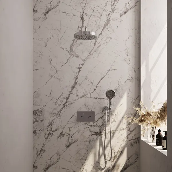 BRAUER Stripe thermostatische inbouw regendouche met drukknoppen SET 29 met 25 cm douchekop en gebogen muurarm en 3-standen handdouche en doucheslang en wandaansluitbocht