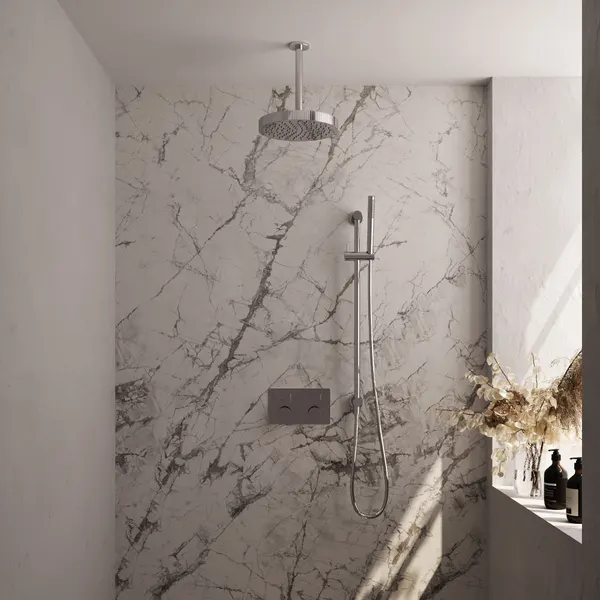 BRAUER Stripe thermostatische inbouw regendouche met drukknoppen SET 33 met 25 cm douchekop en plafondarm en staaf handdouche en doucheslang en geïntegreerde glijstang