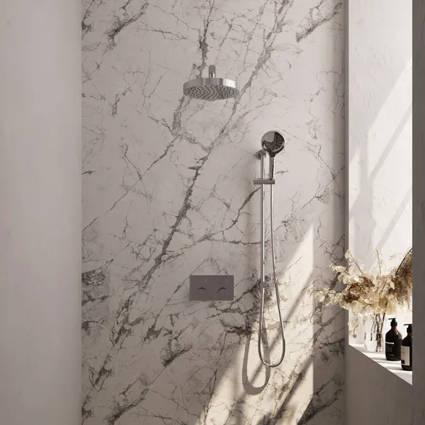 BRAUER Stripe thermostatische inbouw regendouche met drukknoppen SET 34 met 25 cm douchekop en rechte muurarm en 3-standen handdouche en doucheslang en geïntegreerde glijstang