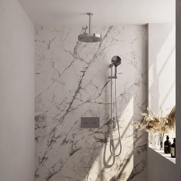 BRAUER Stripe thermostatische inbouw regendouche met drukknoppen SET 36 met 25 cm douchekop en plafondarm en 3-standen handdouche en doucheslang en geïntegreerde glijstang