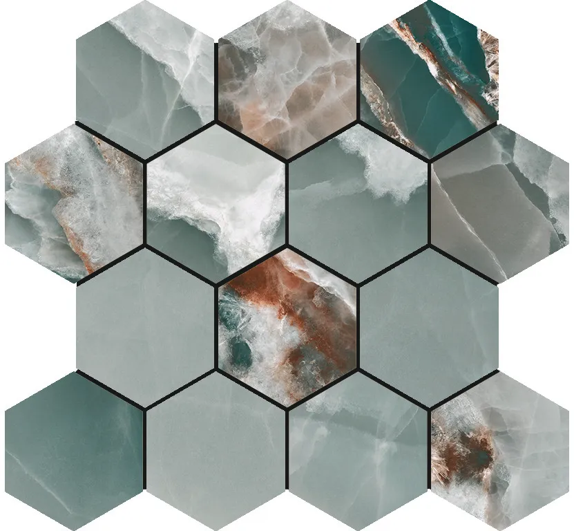 Onyx Turquoise polished mozaiek hexagon op net van 29x27cm