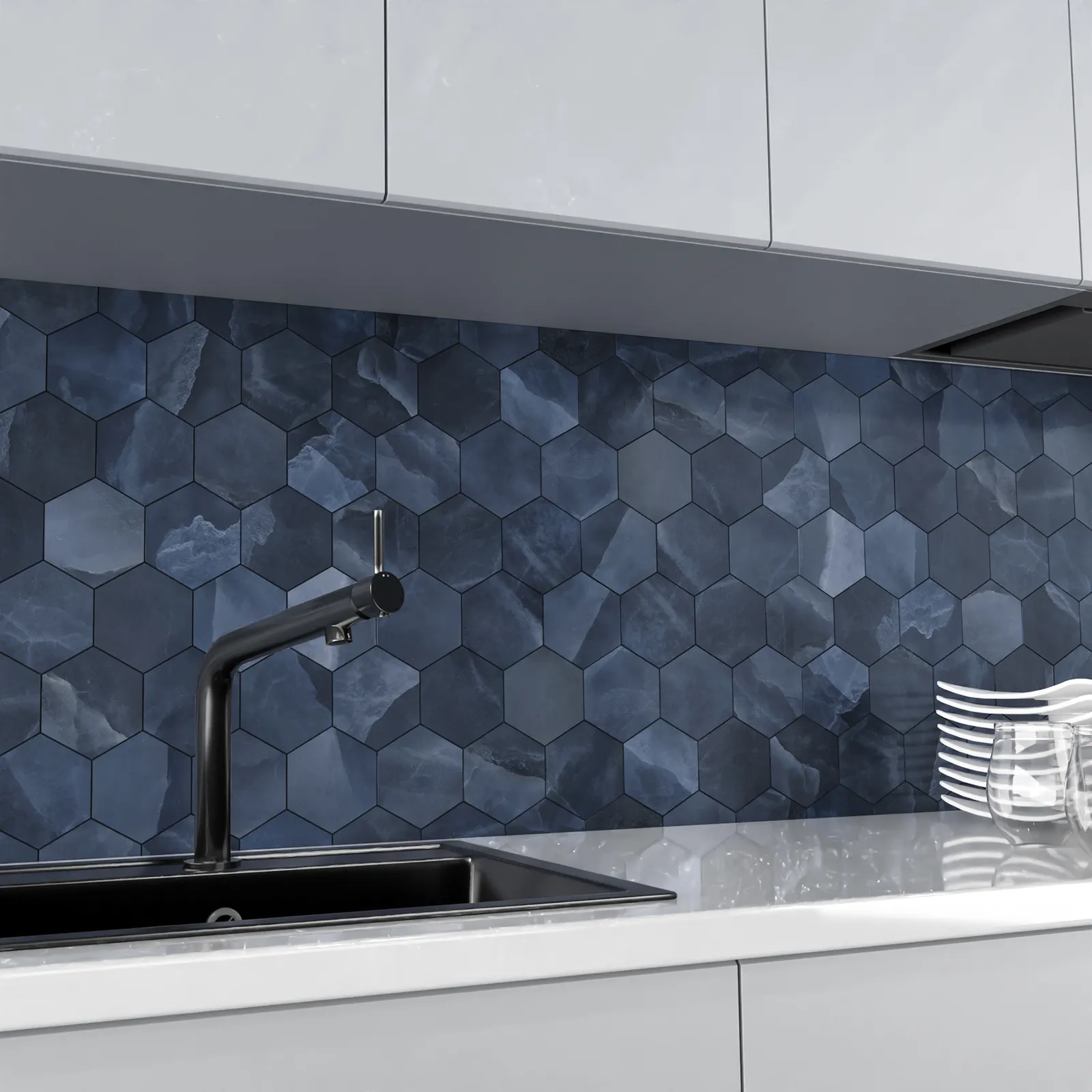 Onyx ek Blue mozaiek pulido hexagon op net van 26x30, foto 2 van 2