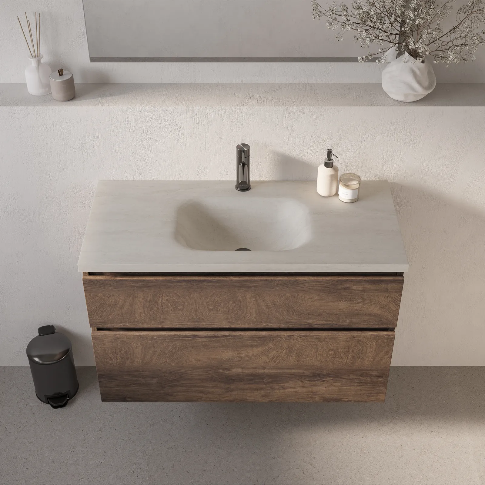BRAUER Dune Medium wastafel 100 met 1 wasbak en 1 kraangat sintered stone
