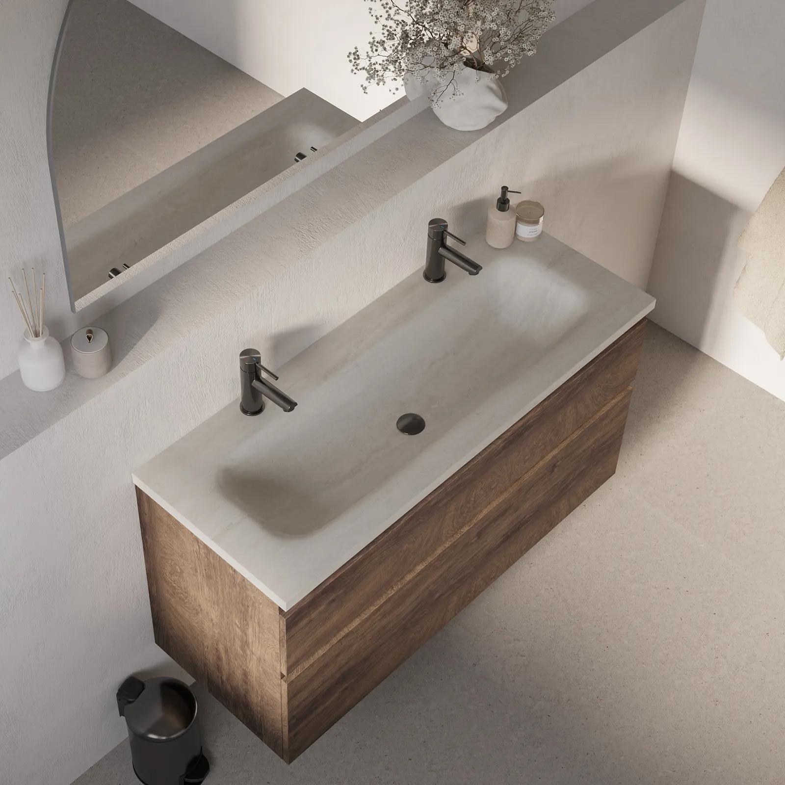 BRAUER Dune Medium wastafel 120-1 met 1 wasbak en 2 kraangaten sintered stone, foto 2 van 4