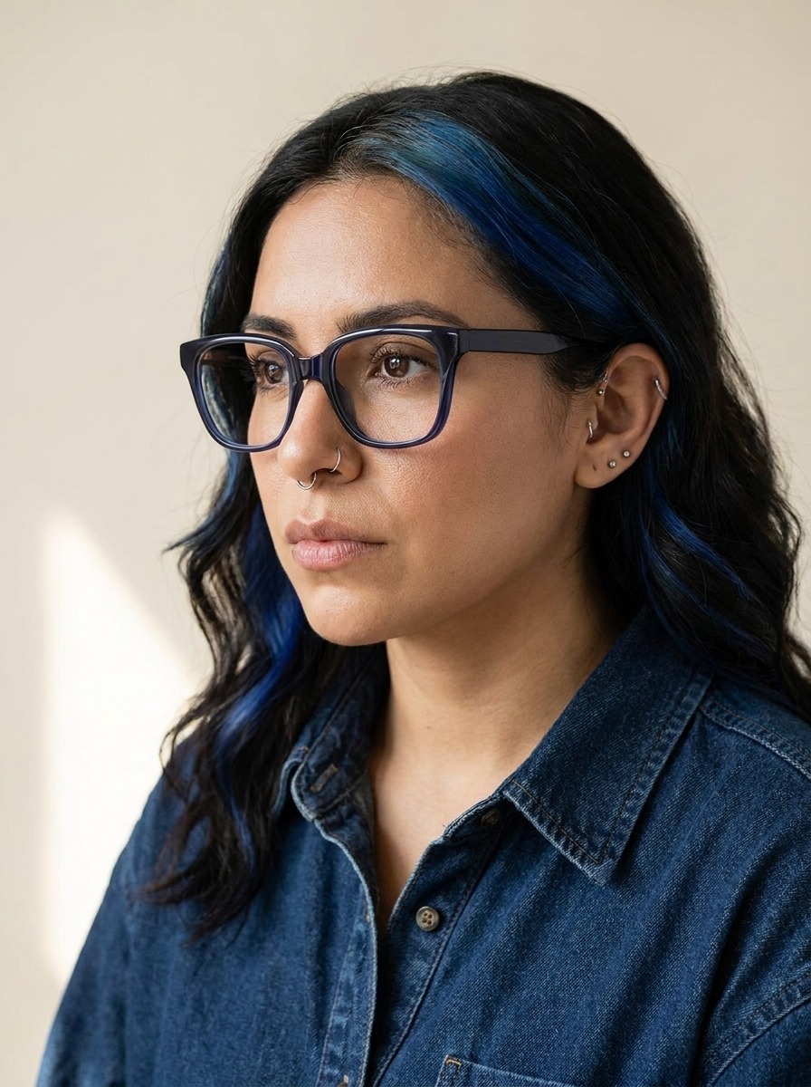 Model wearing Esmay glasses