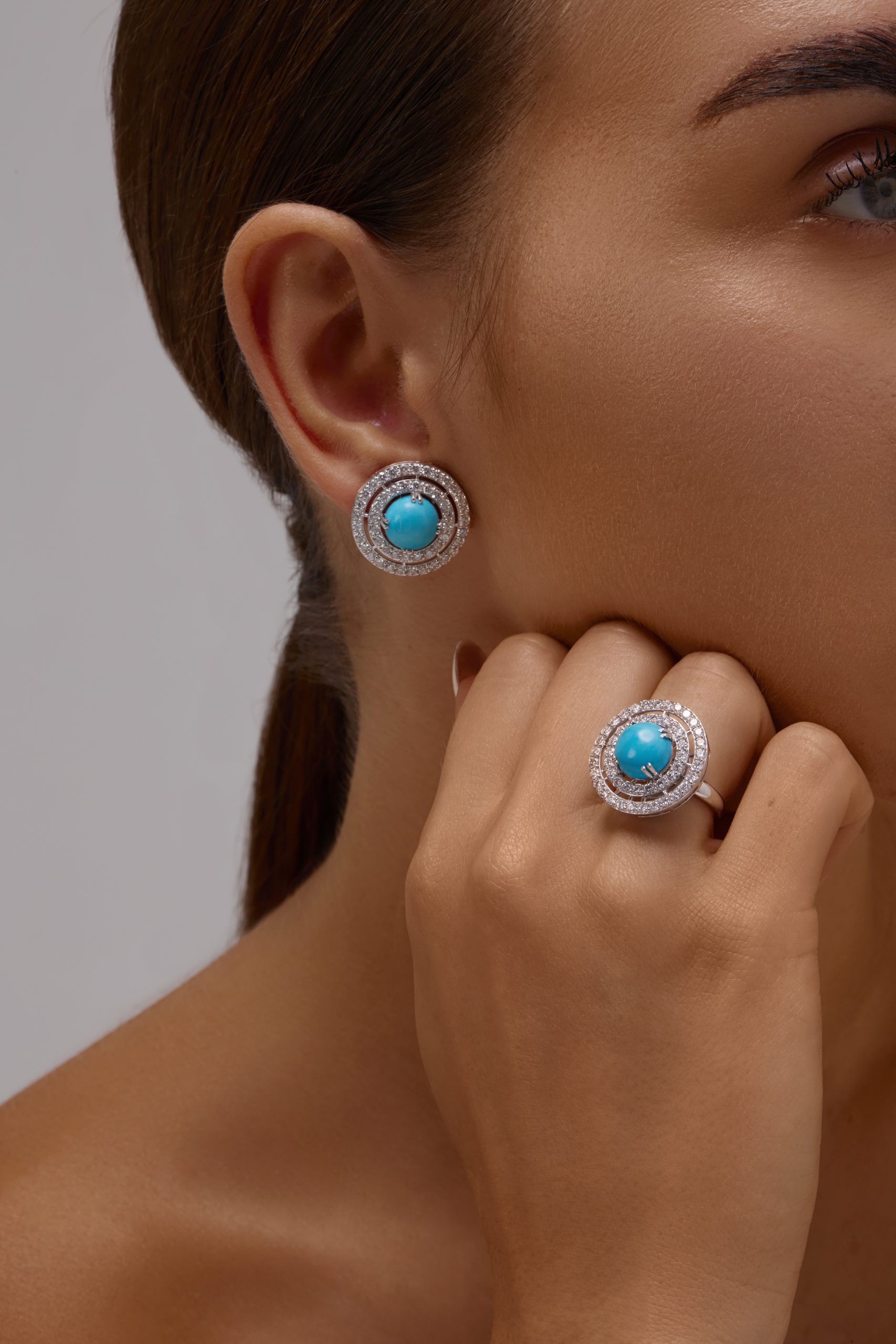 Apollonia Turquoise Earrings in 18k white gold with diamonds and turquoise, view 3