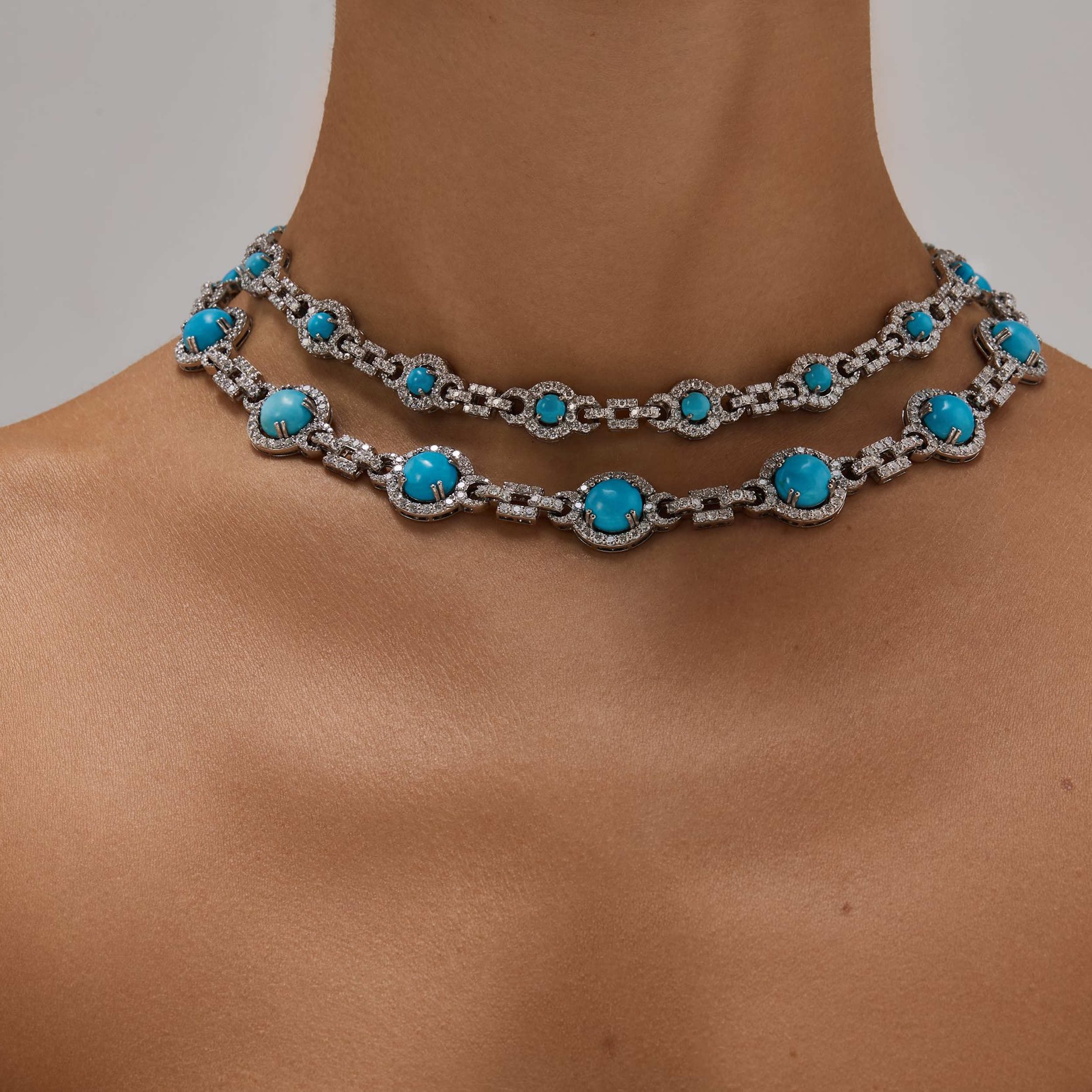 Apollonia Turquoise Necklace Small in 18k white gold with diamonds and turquoise, view 2