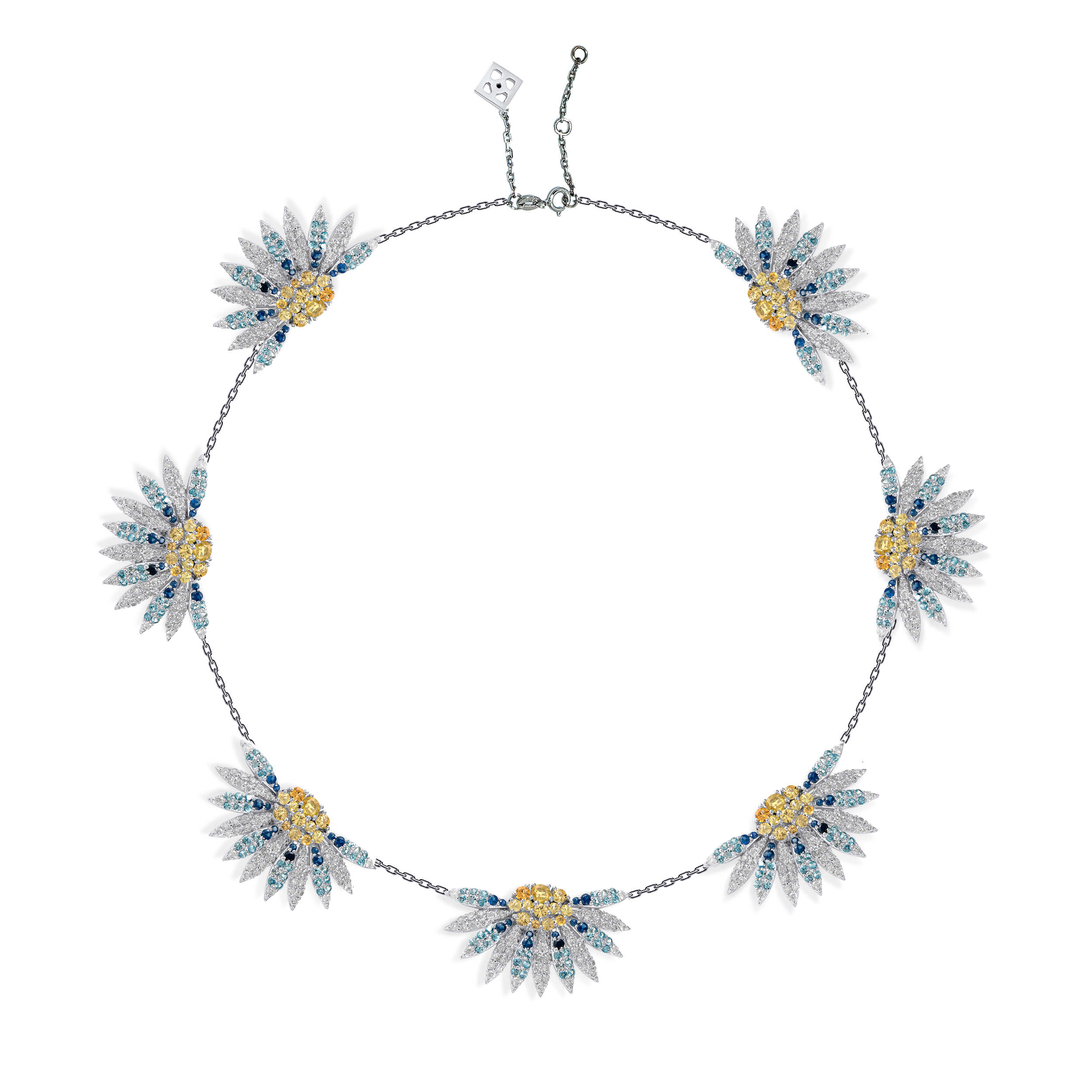 Bloom Choker Necklace in 18k white gold with diamonds, blue sapphire, yellow sapphire and blue topaz