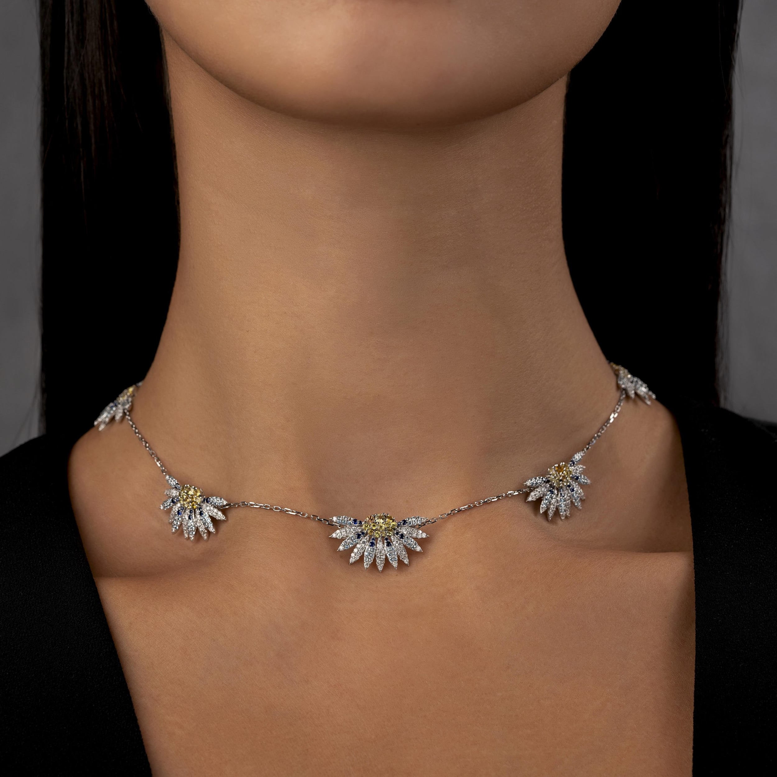 Bloom Choker Necklace in 18k white gold with diamonds, blue sapphire, yellow sapphire and blue topaz, view 2