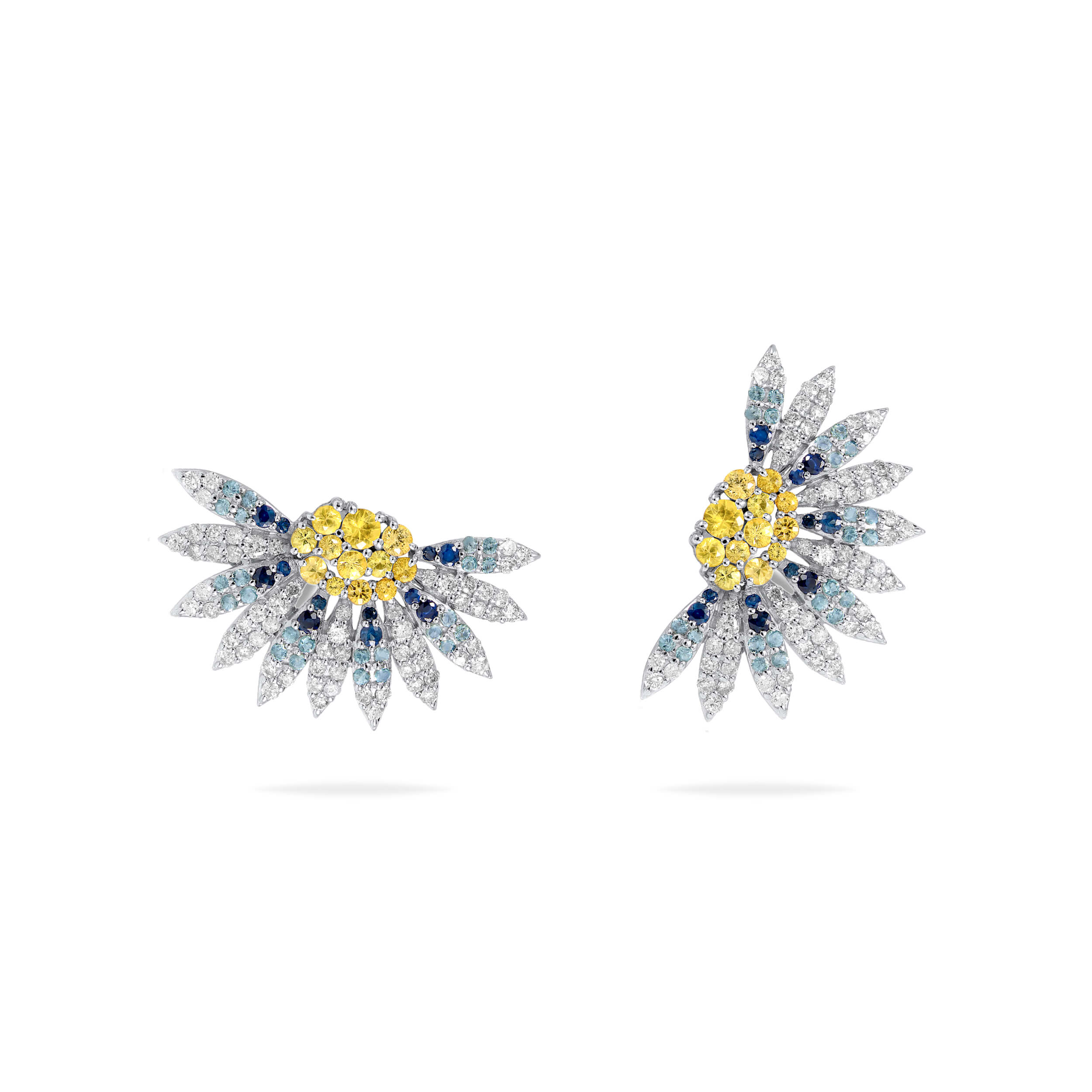 Bloom Earrings in 18k white gold with blue sapphire, yellow sapphire and blue topaz, view 2
