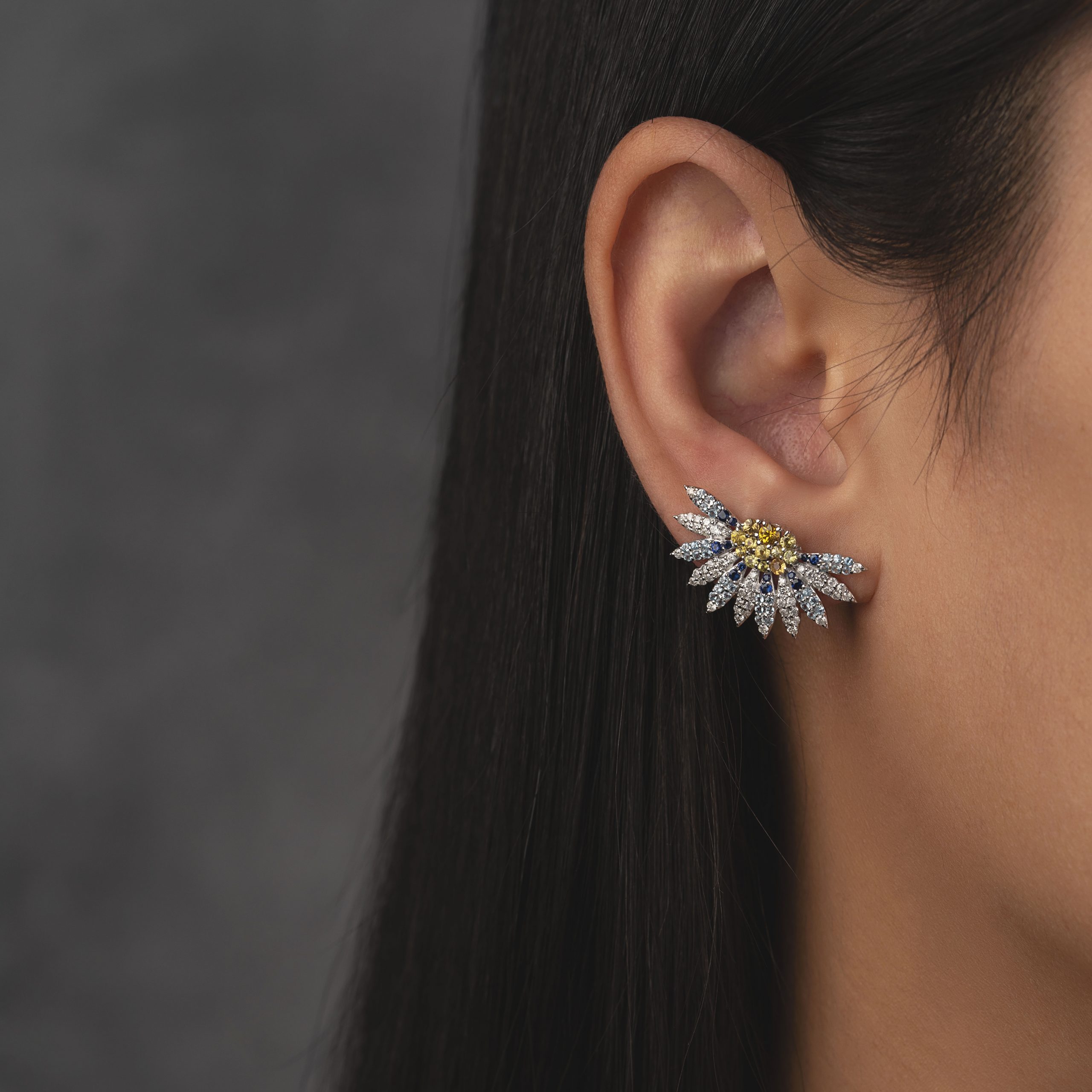 Bloom Earrings in 18k white gold with blue sapphire, yellow sapphire and blue topaz, view 3