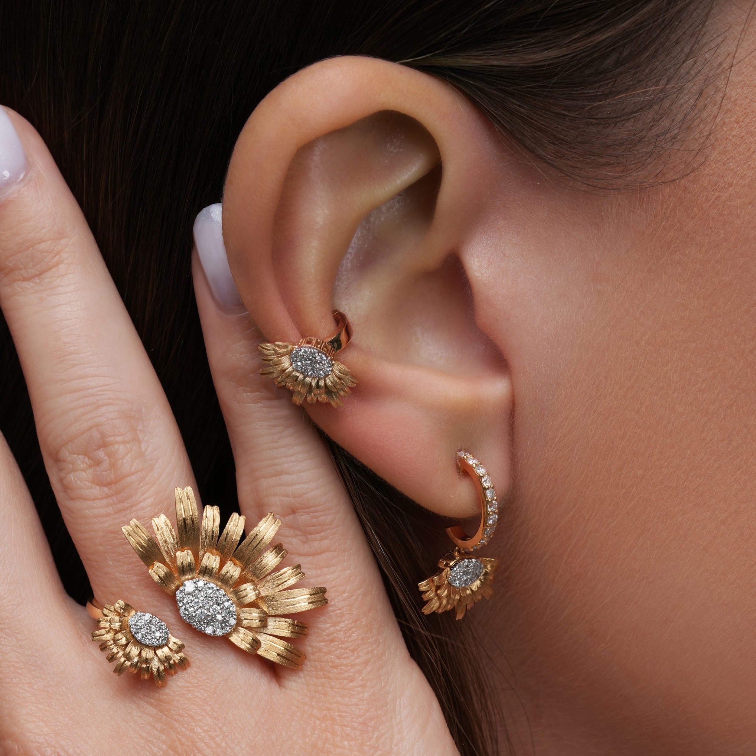 Bloom Gold Earcuff in 18k yellow gold with diamonds, view 4