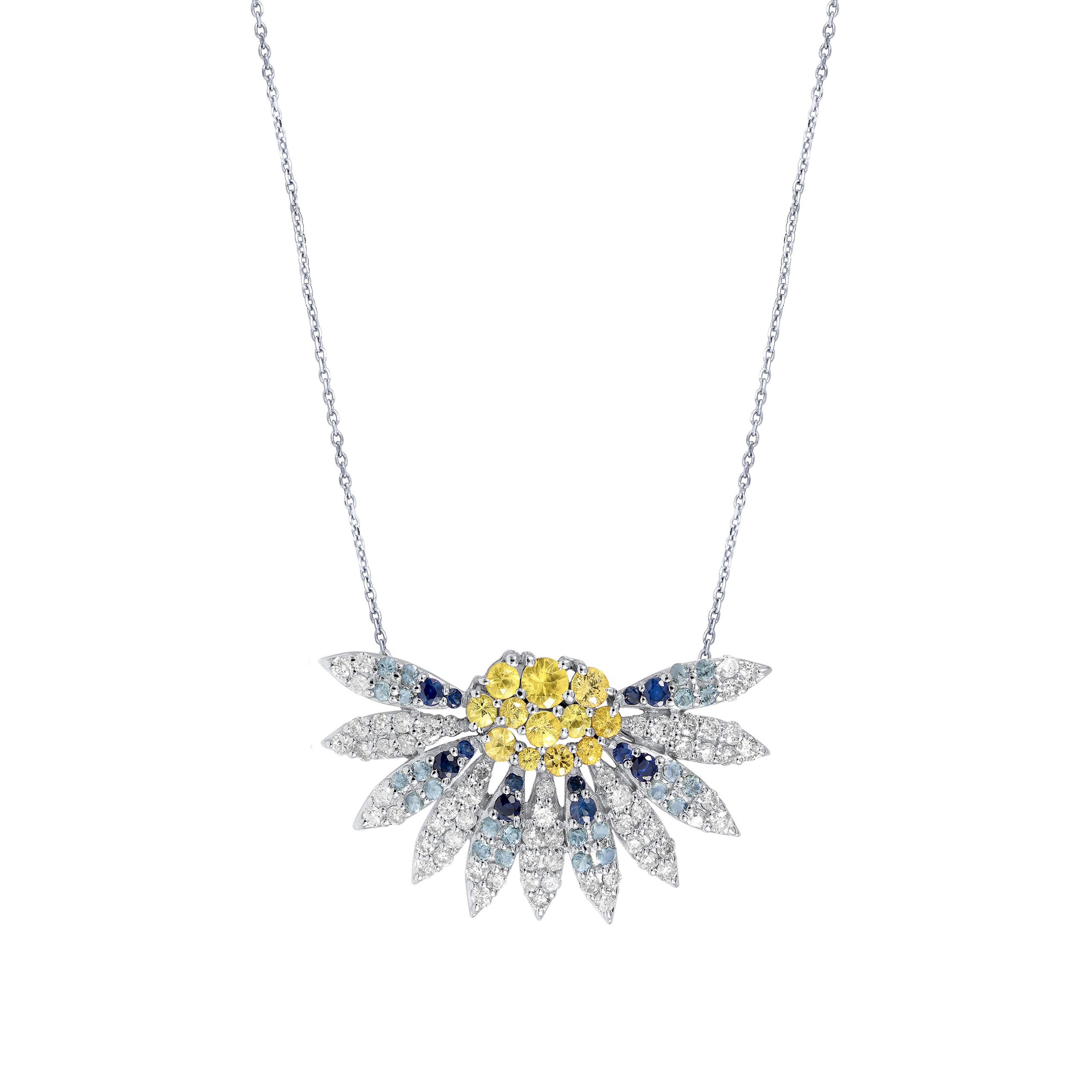 Bloom Long Necklace in 18k white gold with blue sapphire, yellow sapphire and topaz