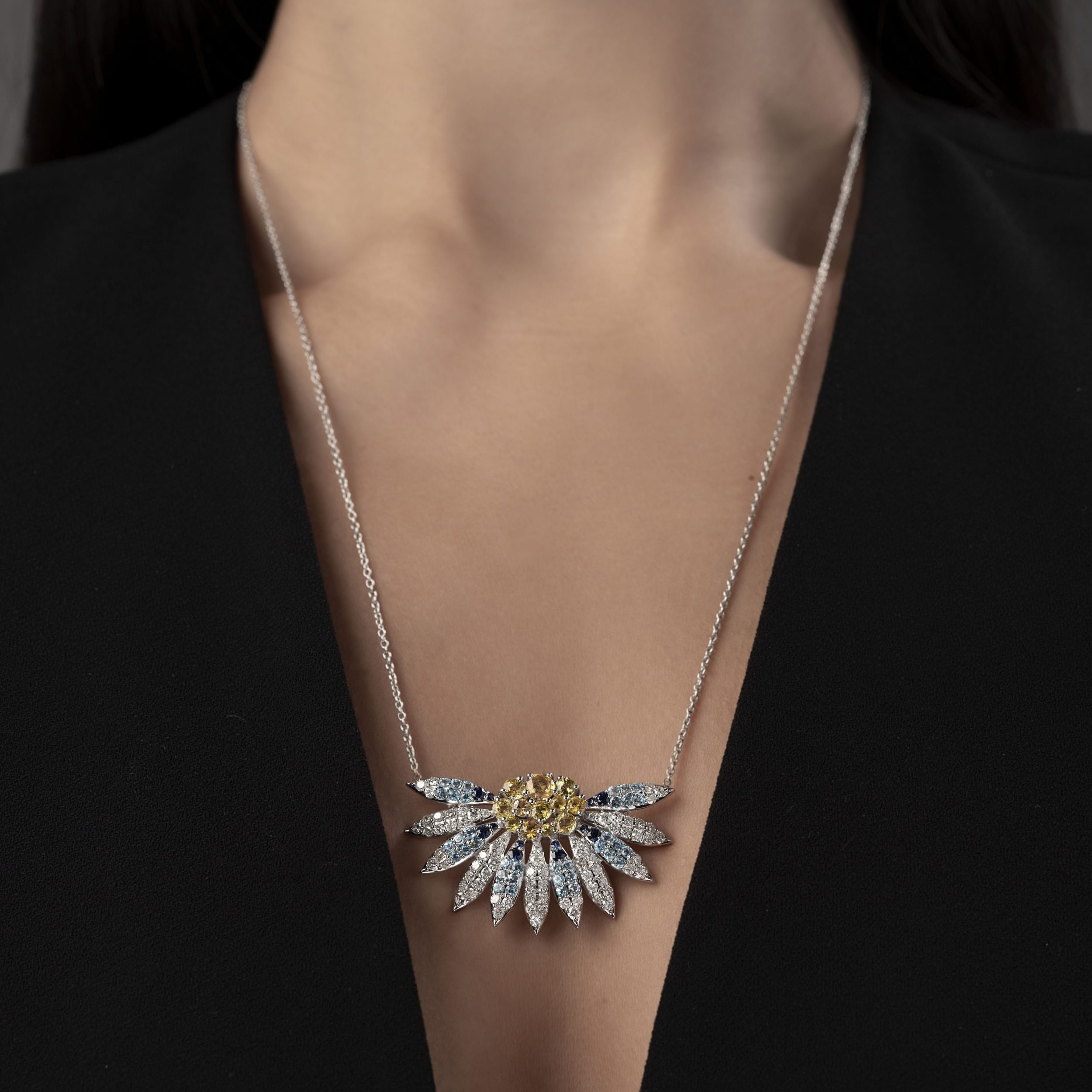 Bloom Long Necklace in 18k white gold with blue sapphire, yellow sapphire and topaz, view 2