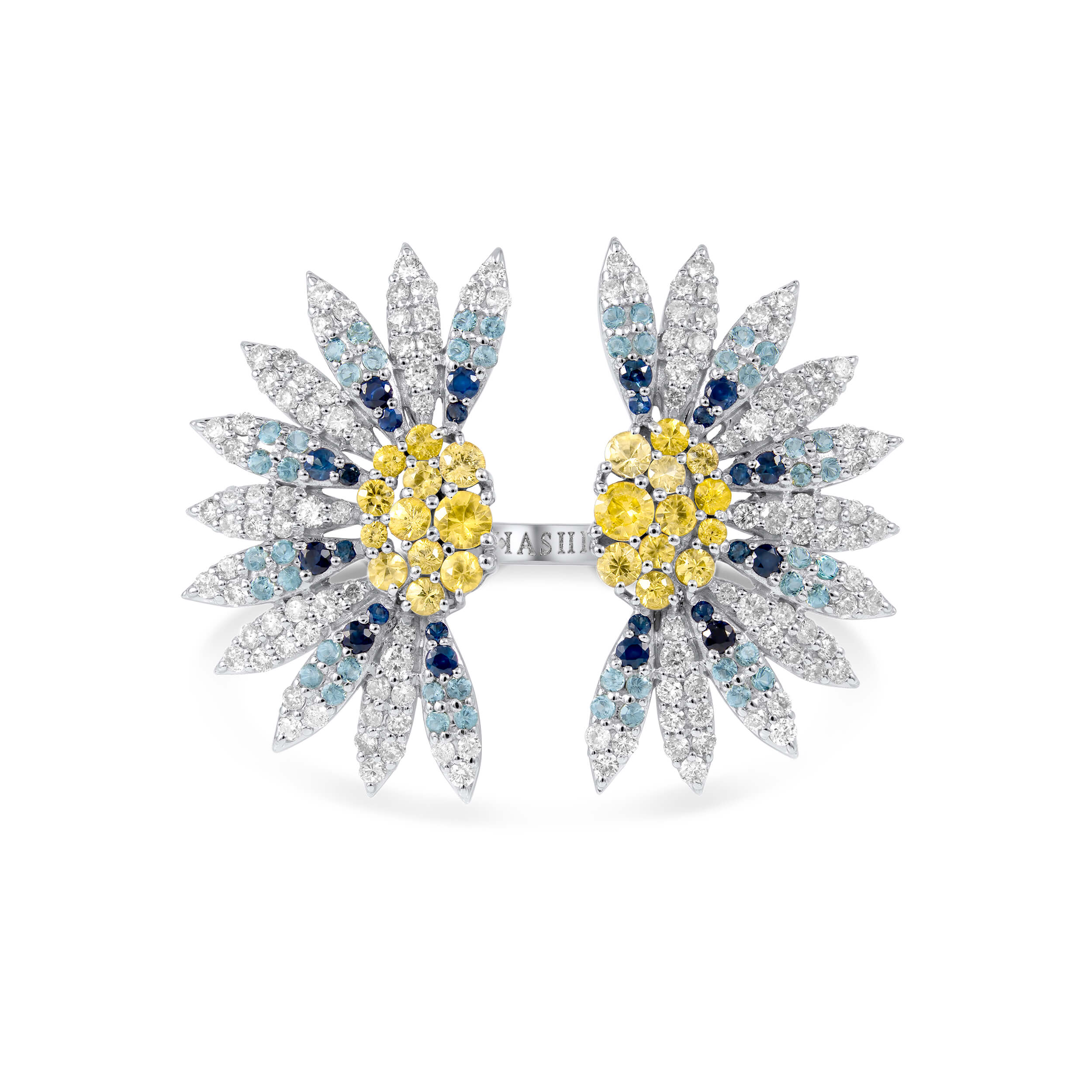 Bloom Ring in 18k white gold with diamonds, blue sapphire, yellow sapphire and blue topaz