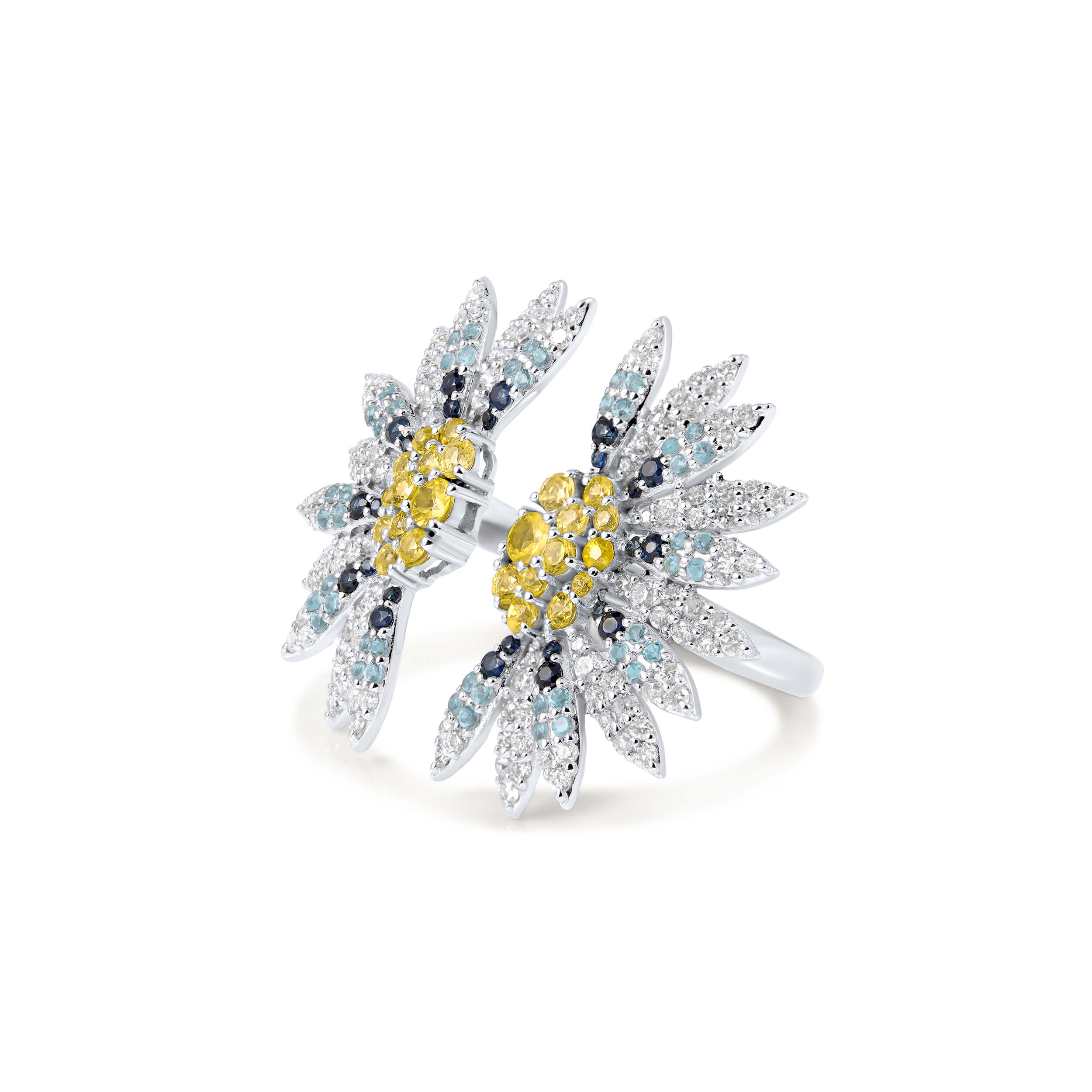 Bloom Ring in 18k white gold with diamonds, blue sapphire, yellow sapphire and blue topaz, view 2