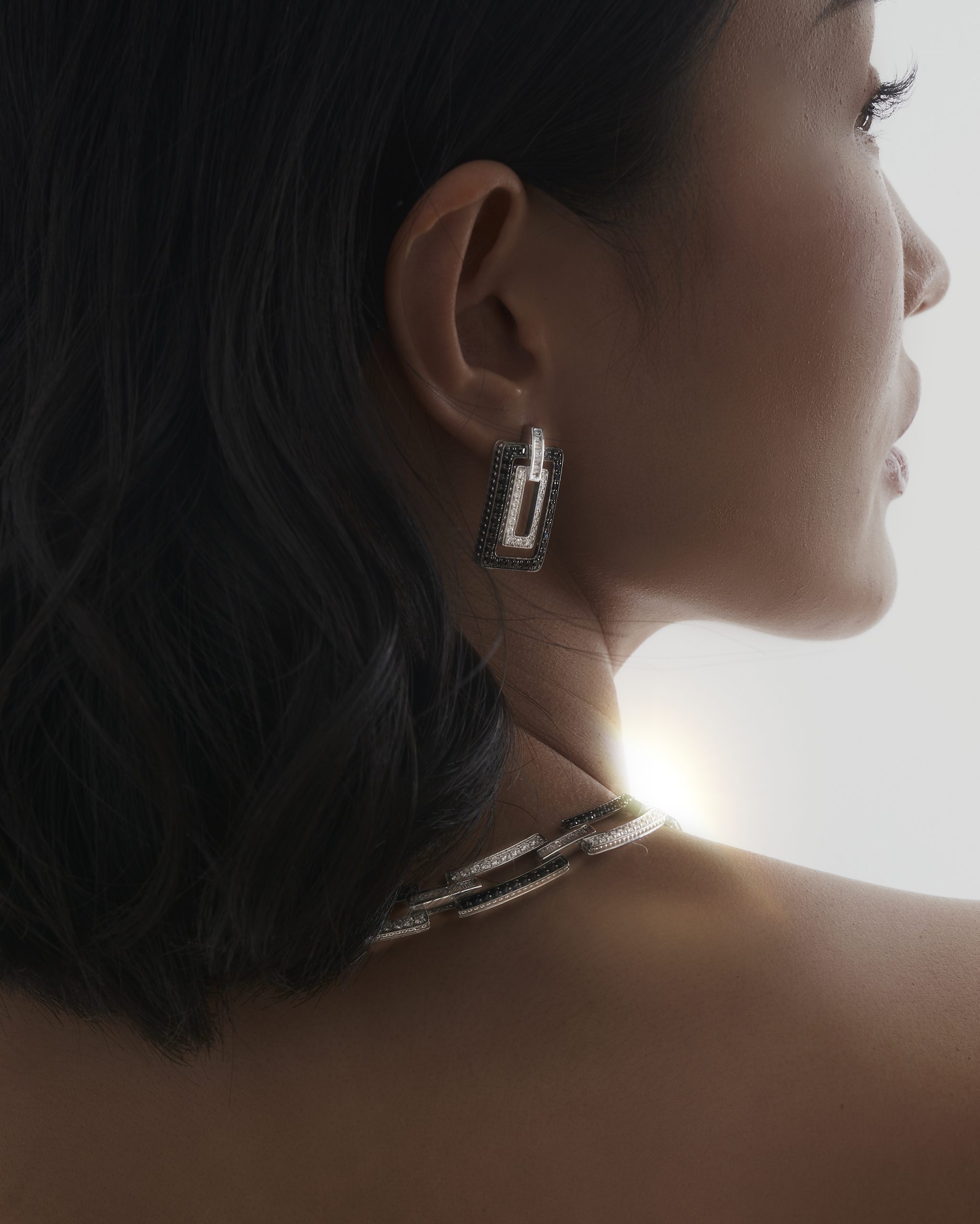 Divina Diamond and Black Onyx Earrings in 18k white gold with diamonds and black onyx, view 4