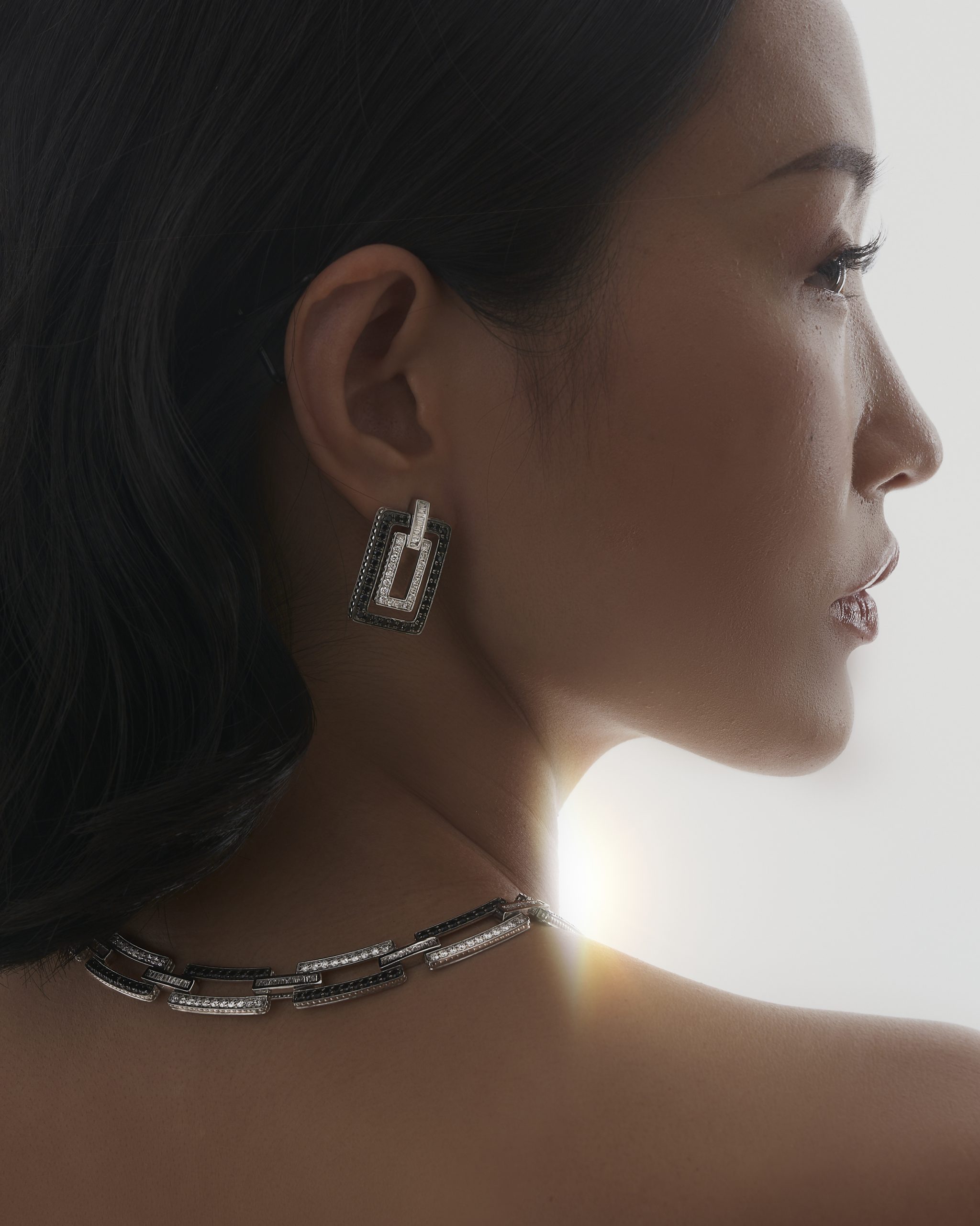 Divina Diamond and Black Onyx Necklace in 18k white gold with black onyx and emerald, view 4