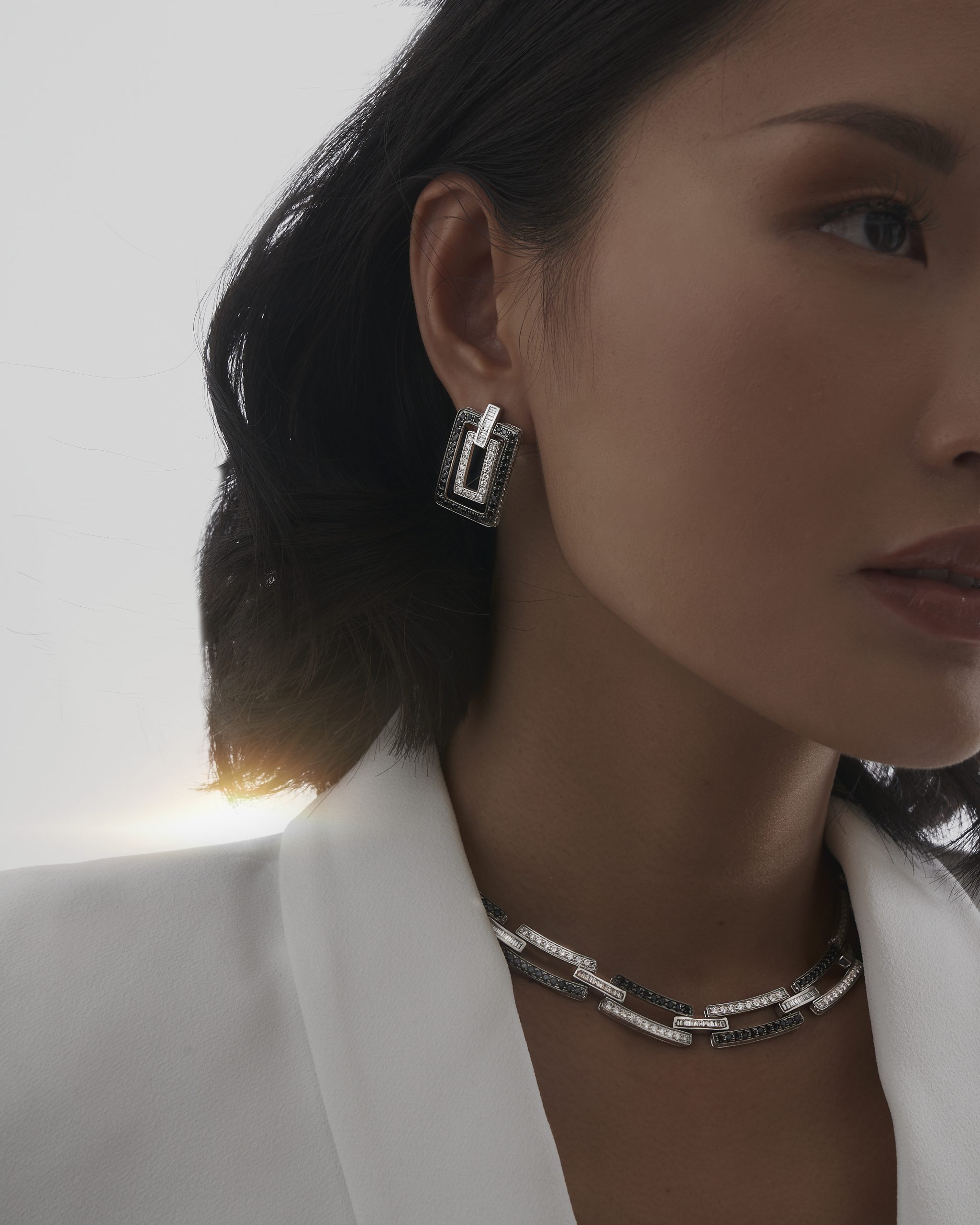 Divina Diamond and Black Onyx Necklace in 18k white gold with black onyx and emerald, view 5
