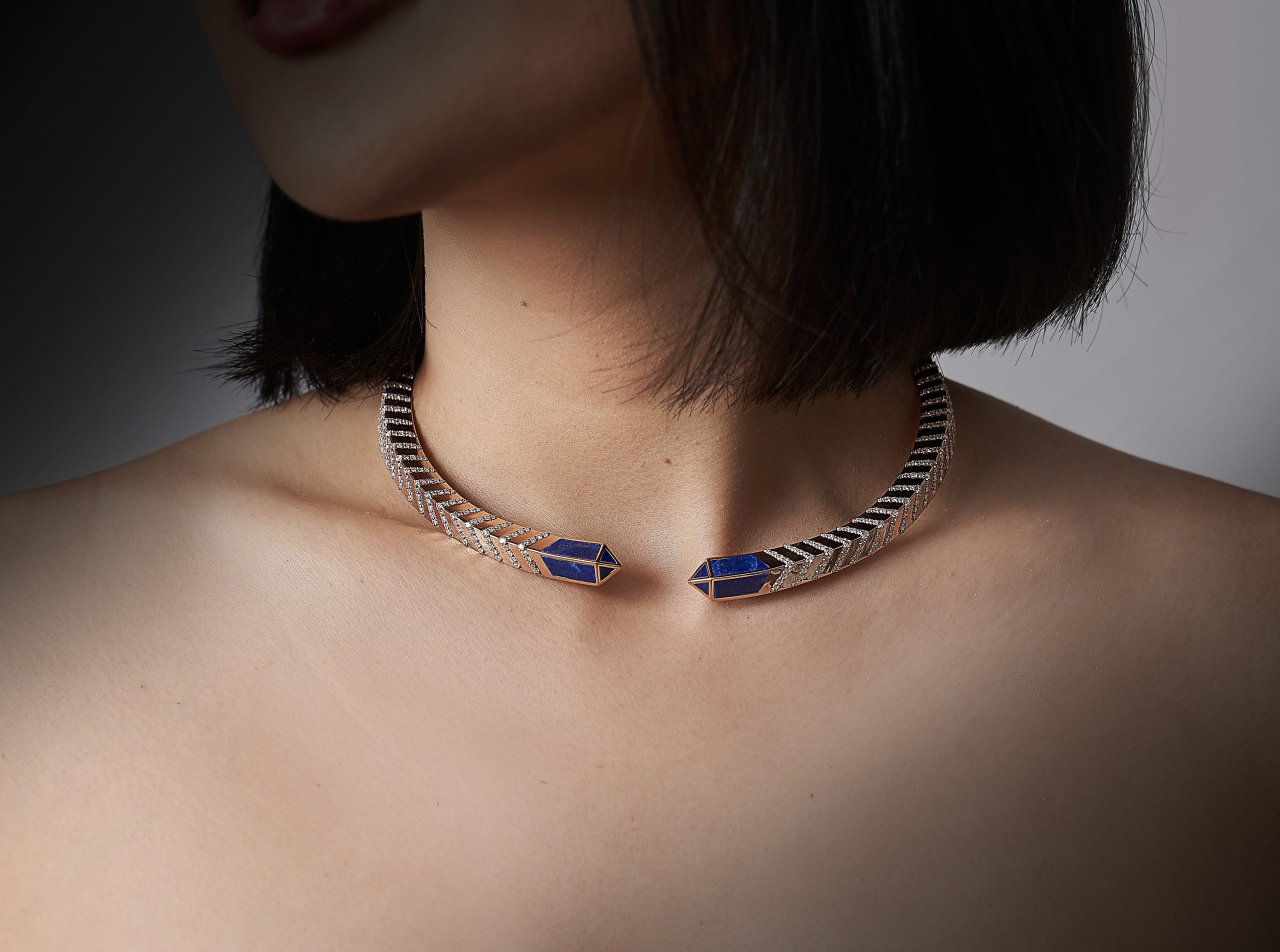 Hatshepsut Choker Necklace with diamonds and lapis lazuli, view 3