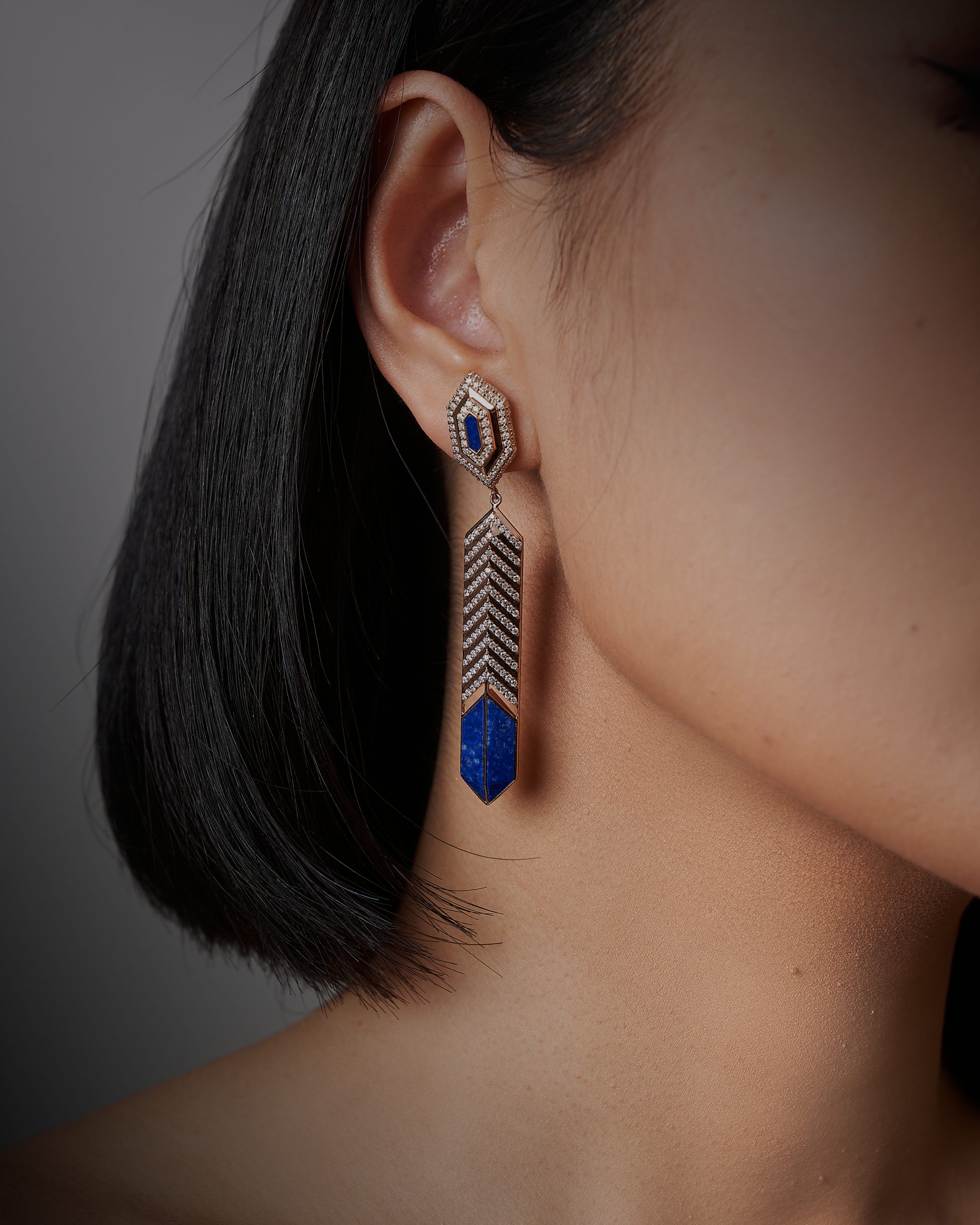 Hatshepsut Long Earrings with diamonds and lapis lazuli, view 3