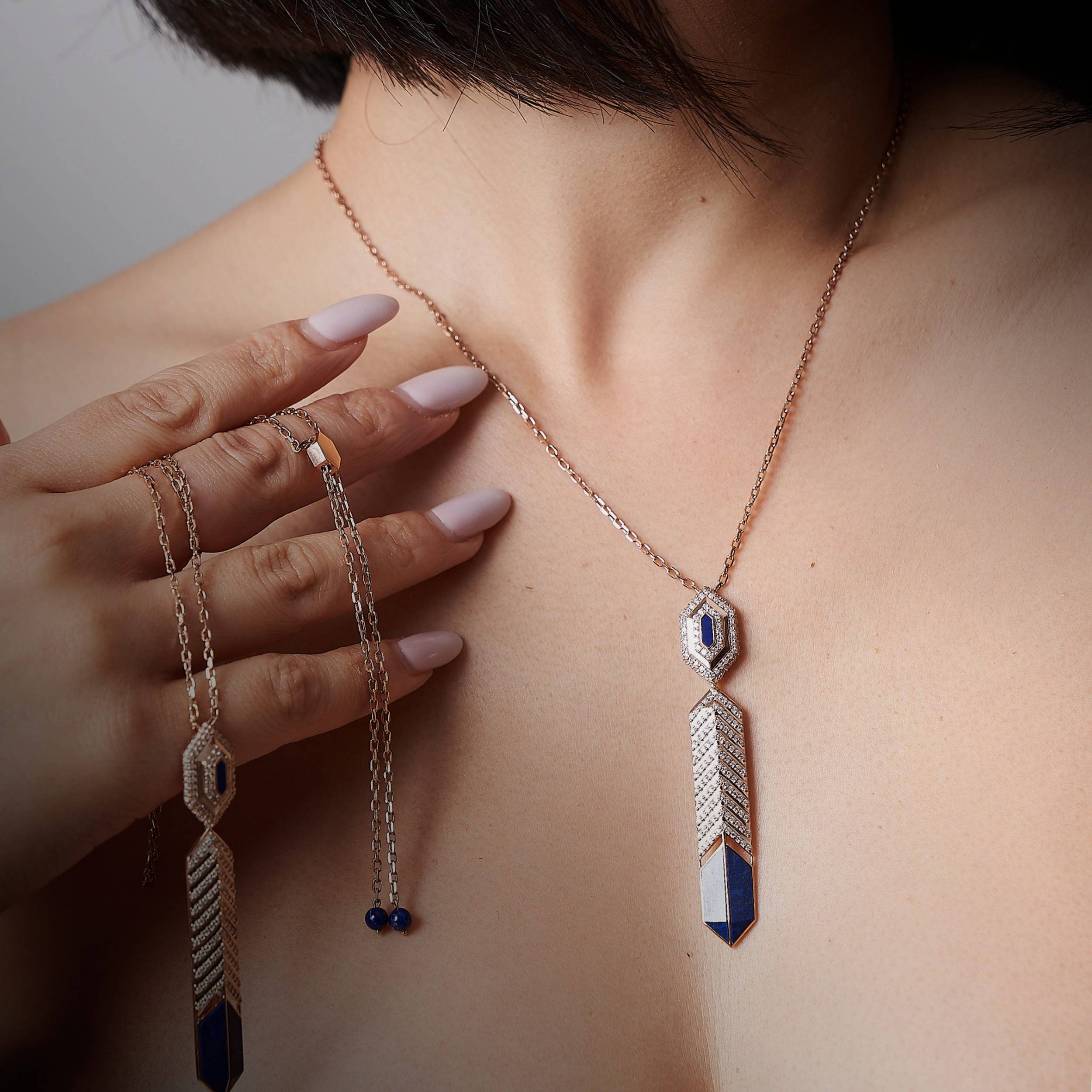 Hatshepsut Long Pendant with diamonds and lapis lazuli, view 3