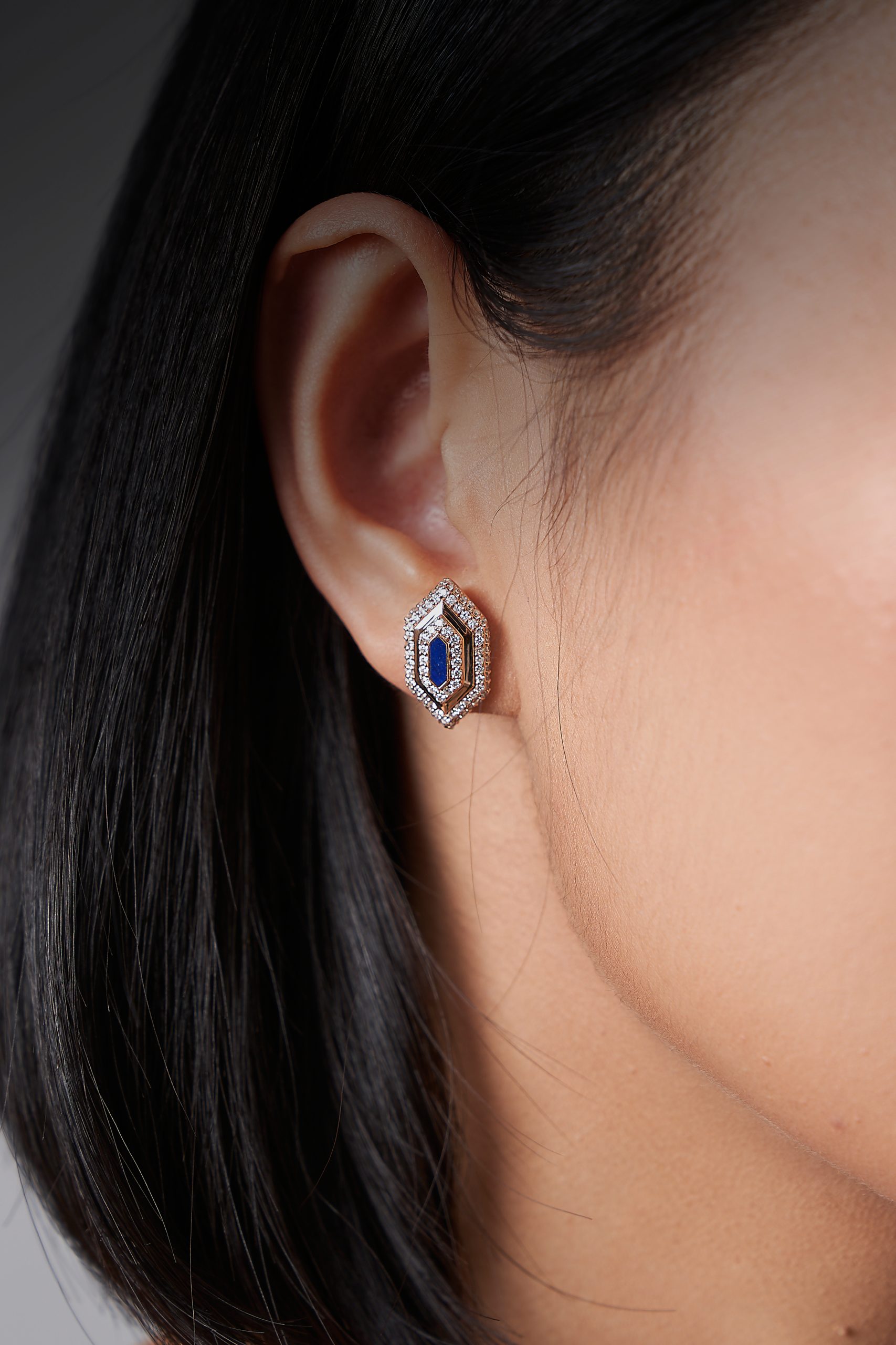 Hatshepsut Stud Earrings with diamonds and lapis lazuli, view 2