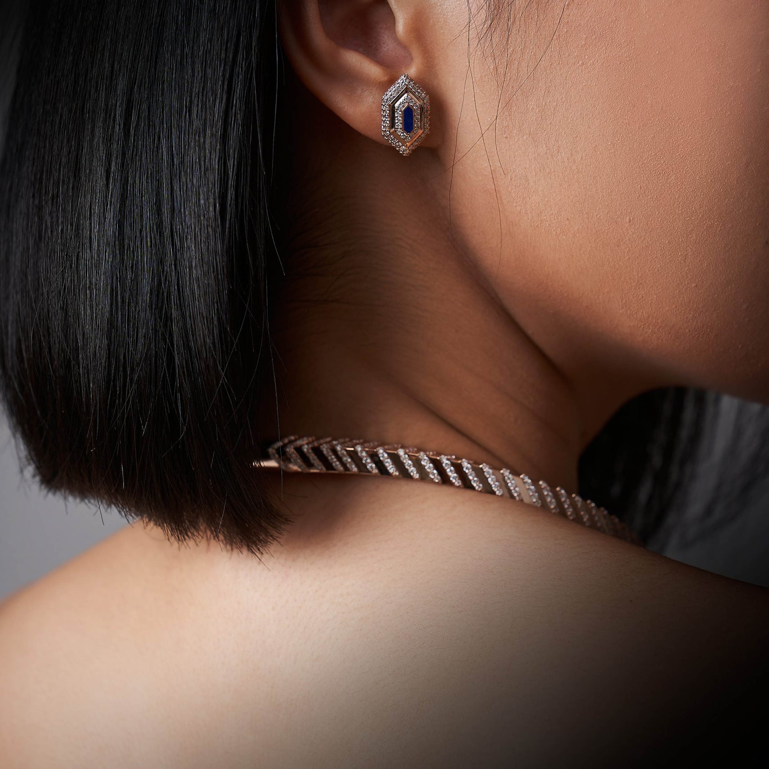 Hatshepsut Stud Earrings with diamonds and lapis lazuli, view 3