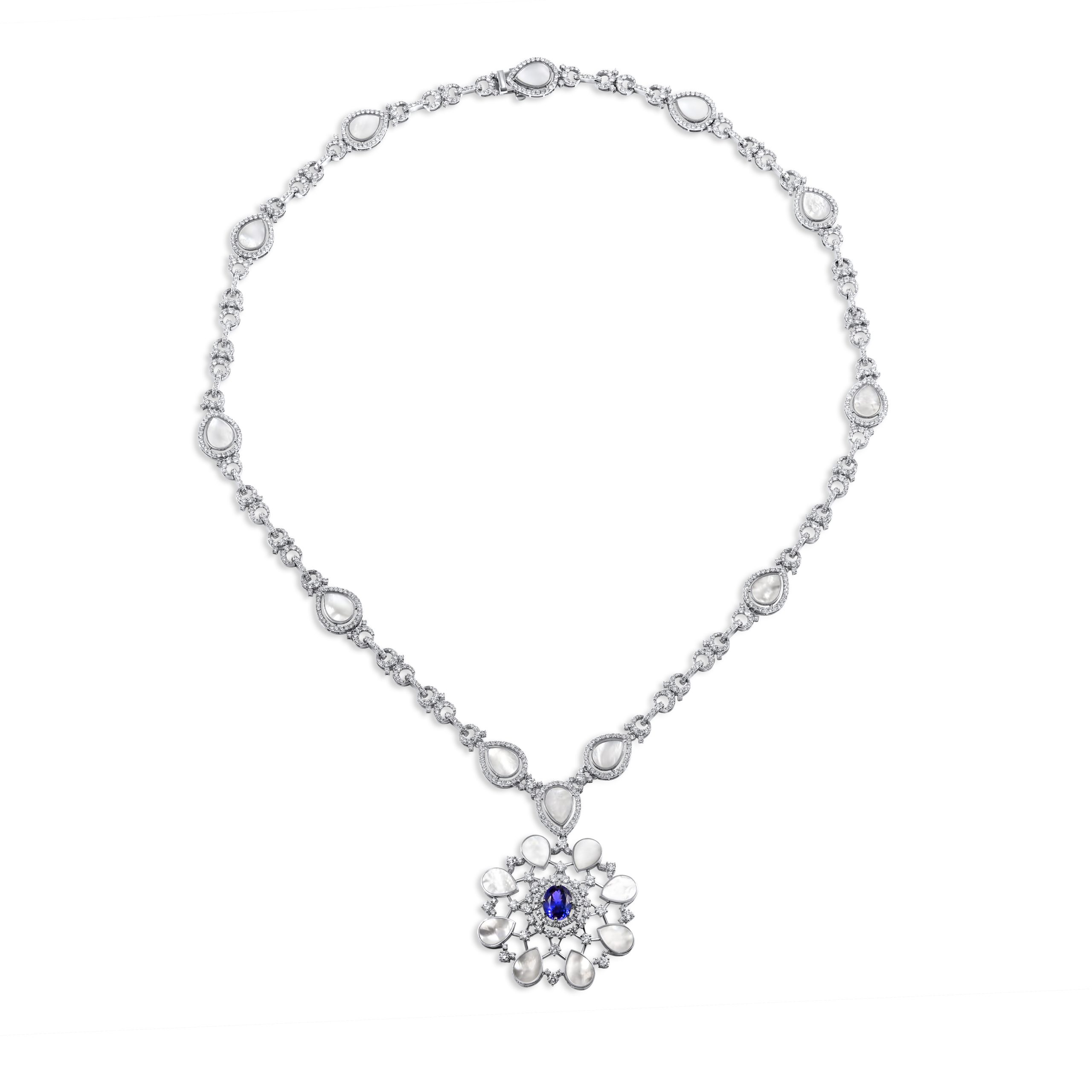 Moonlight Long Tanzanite in 18k white gold with diamonds, tanzanite and mother of pearl
