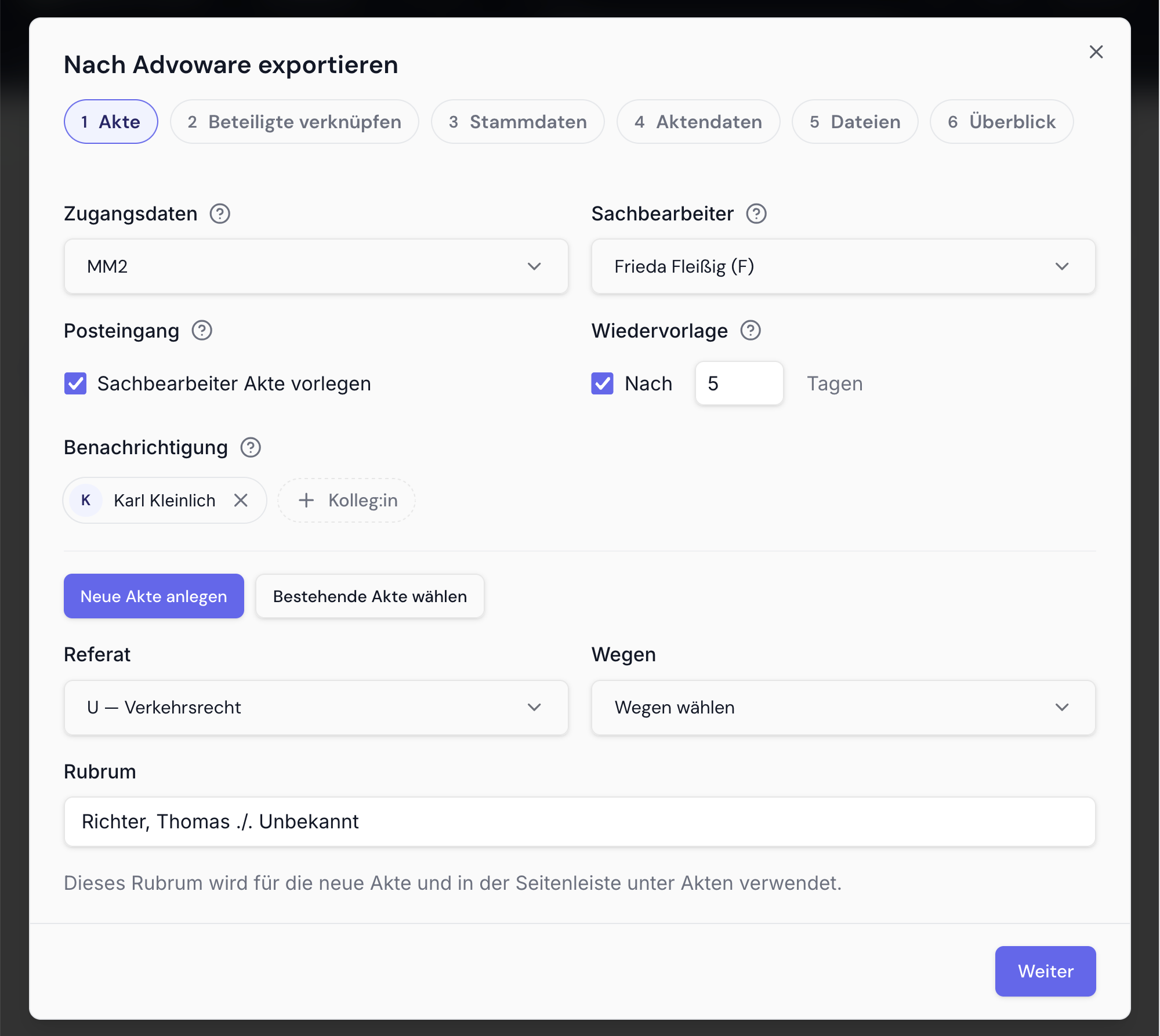 Export nach Advoware: neue oder bestehende Akte