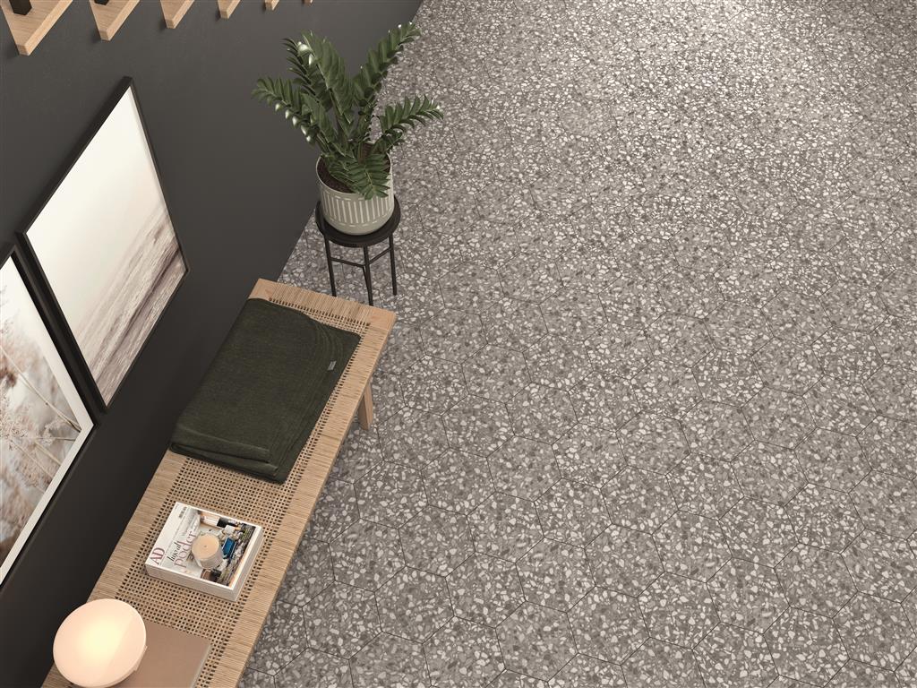 Durstone Six Terazzo Grey vloertegel mat - kleur grijs, hexagon (foto 2)